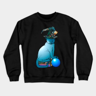 Blue witches cat with crystal ball and books Crewneck Sweatshirt